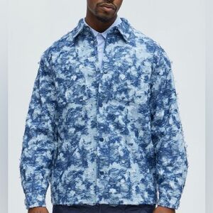 Mens XXL Fashion Nova Torn Ripped Distressed Rugged Button Down Blue White Shirt